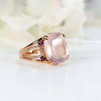 Pink Serenity Ring in authentic and original  Rose Quartz & Amethyst in high-quality silver with rose gold plating for birthstone, party, or casual wear. lightweight, delicate, dainty designer jewelry.