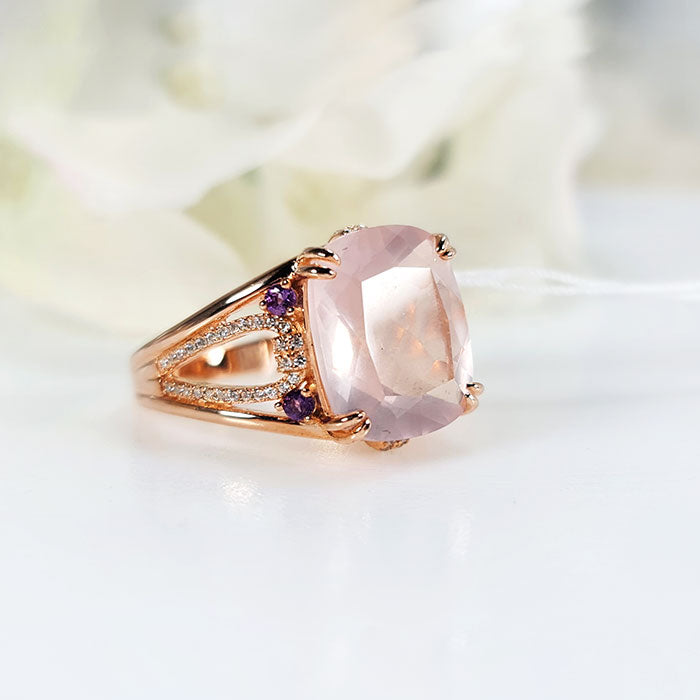 Pink Serenity Ring in authentic and original  Rose Quartz & Amethyst in high-quality silver with rose gold plating for birthstone, party, or casual wear. lightweight, delicate, dainty designer jewelry.