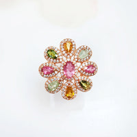 Stellar Ring in original Yellow Sapphire, Prehnite  & Tourmaline and high-quality silver with rose gold plating for birthstone, party, and casual wear. lightweight, delicate, dainty designer jewelry.