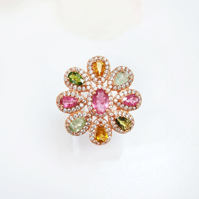 Stellar Ring in original Yellow Sapphire, Prehnite  & Tourmaline and high-quality silver with rose gold plating for birthstone, party, and casual wear. lightweight, delicate, dainty designer jewelry.