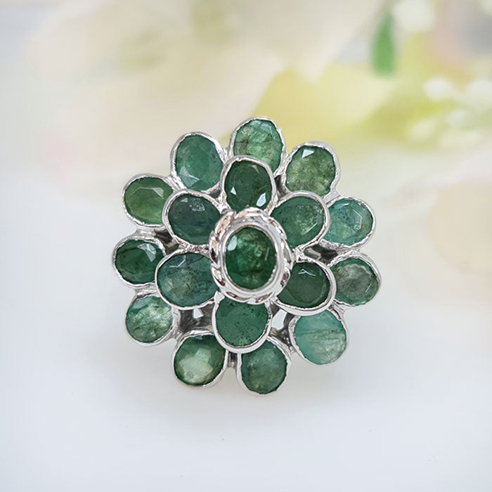 Emerald Lotus Radiance Ring in original Emerald for birthstone, party, and casual wear. lightweight, delicate, dainty designer jewelry.
