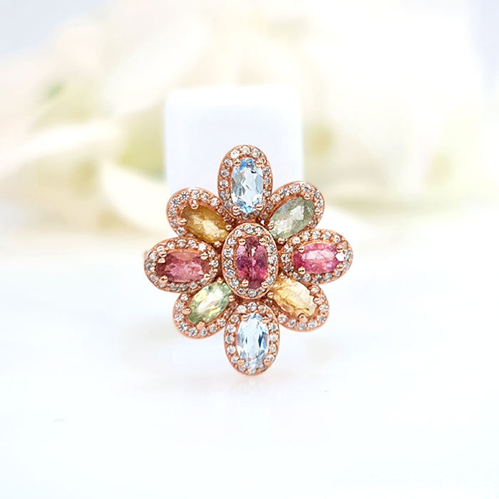 Stellar Ring in original Yellow Sapphire, Topaz  & Tourmaline in high-quality silver with rose gold plating  for birthstone, party, and casual wear. lightweight, delicate, dainty designer jewelry.