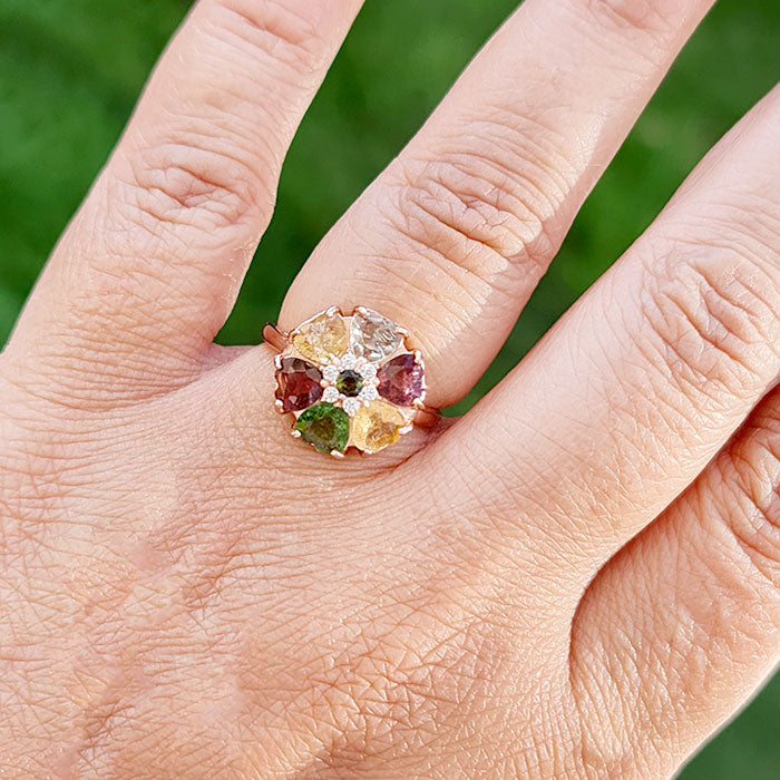 Cherished Heart Ring in original multi gemstone made in high quality silver with rose gold plating for birthstone
