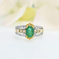 Crown Oval Emerald Ring in authentic and original Emerald in high quality silver with gold plating for birthstone, party, or casual wear. lightweight, delicate, dainty designer jewelry.
