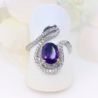 Front view of the Authentic 925 sterling silver emerald ring for women, featuring a deep purple  gem, February birthstone for courage, stability, and clarity
