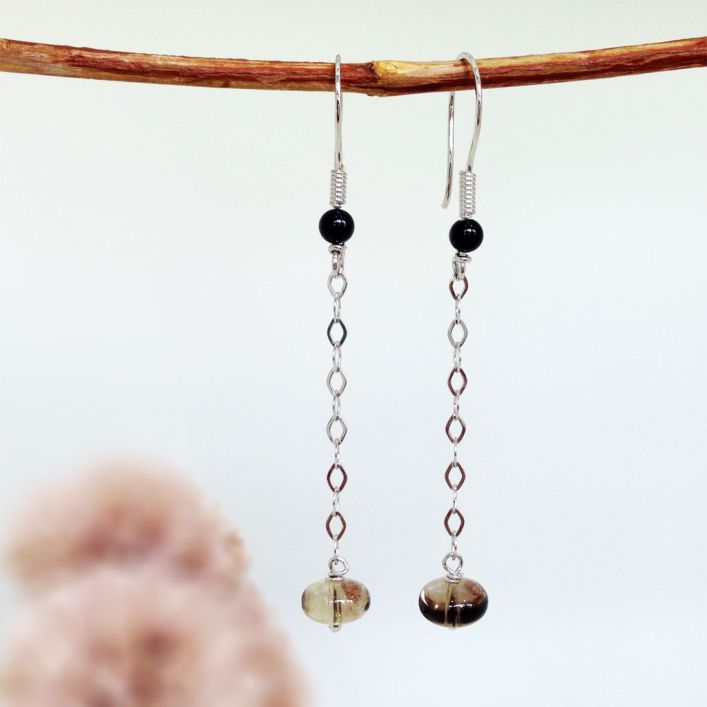 Caffeinated Earrings - Black Agate & Smoky Topaz 