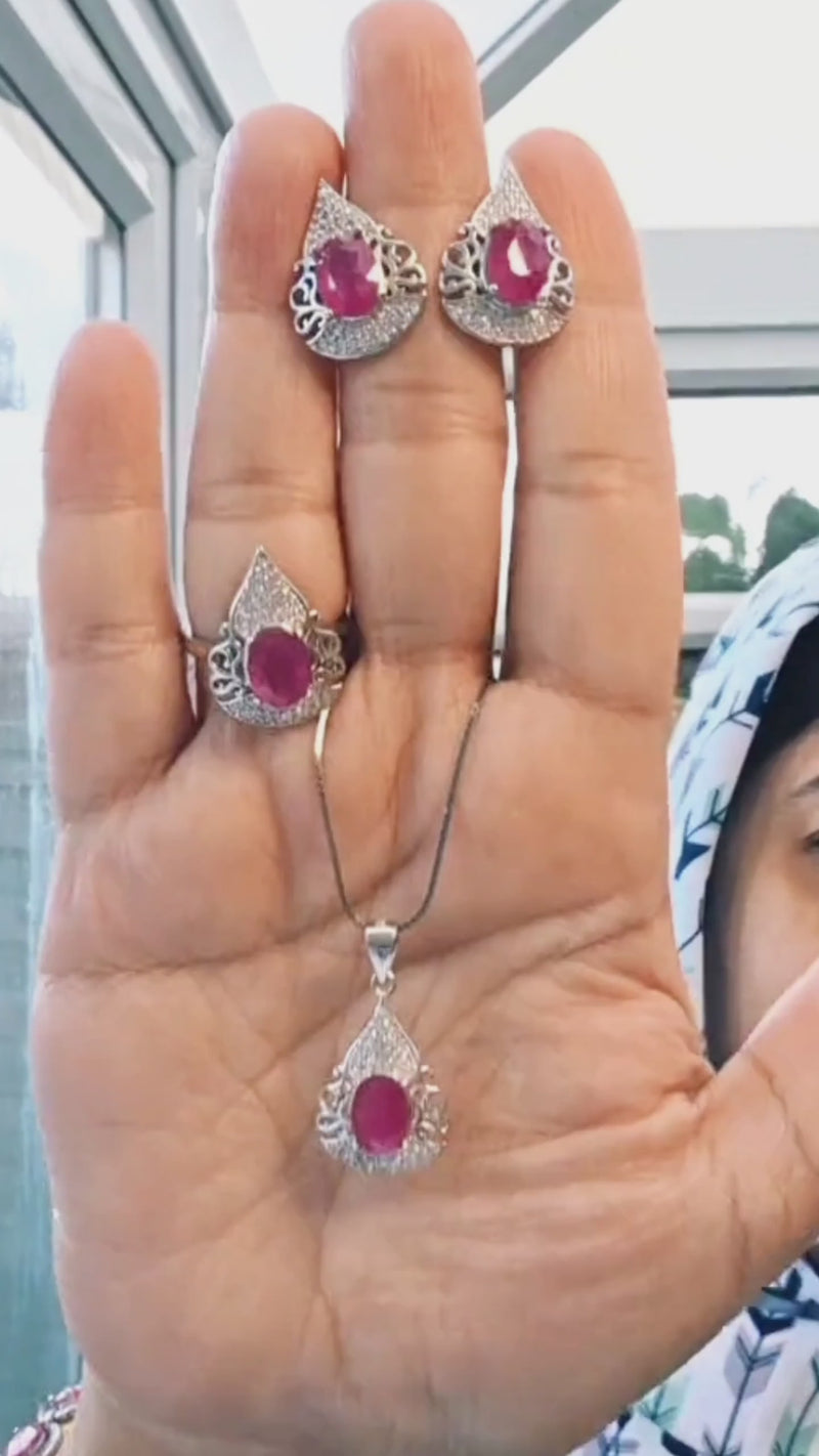 Monarch Ruby Jewelry Set – Regal Ring, Earrings & Pendant Trio