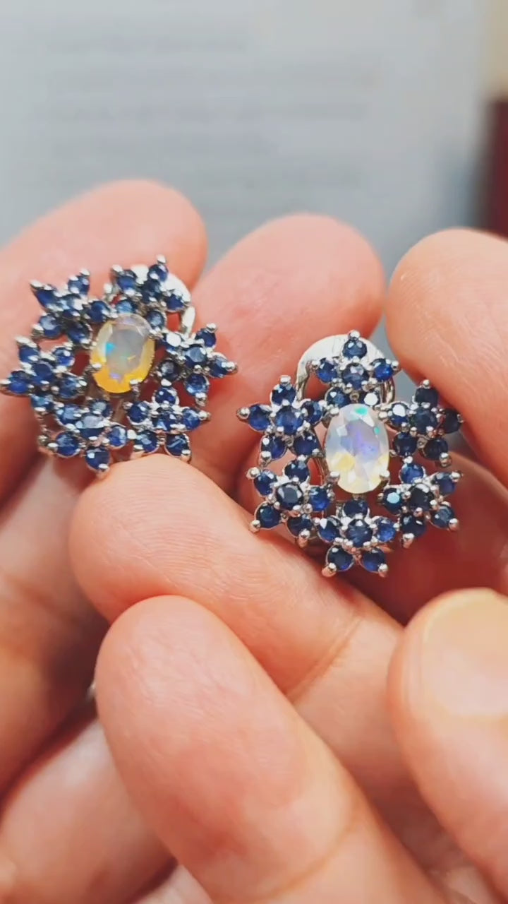 Sapphire and Opal Sun Flower Earrings