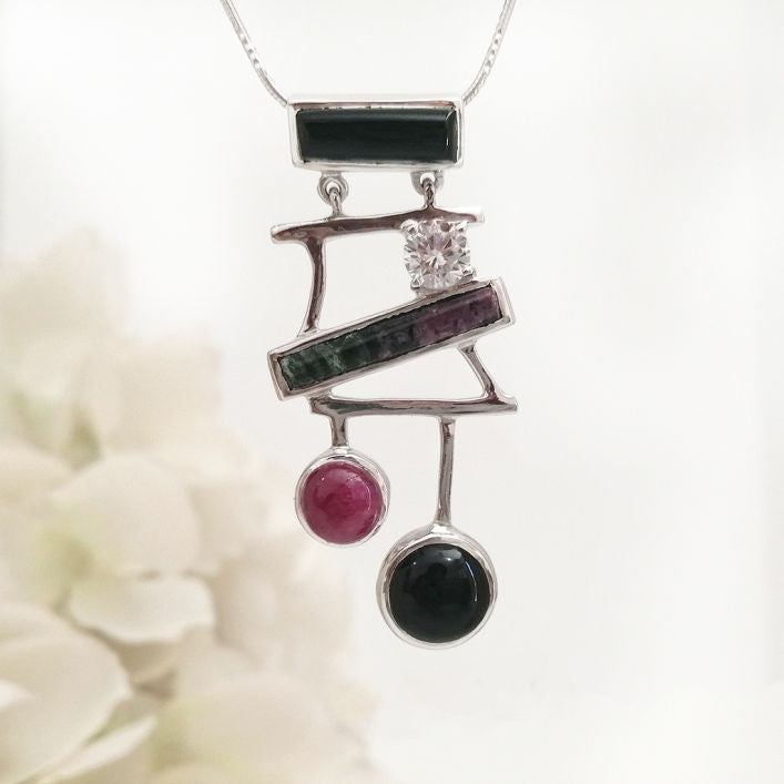 Eccentric Pendant - Onyx, Ruby & Ruby Zoisite