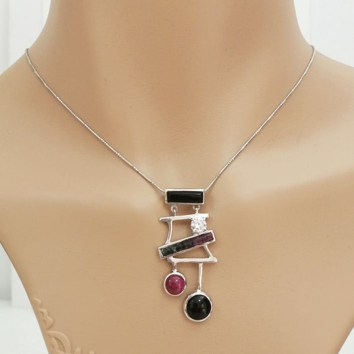 Eccentric Pendant - Onyx, Ruby & Ruby Zoisite