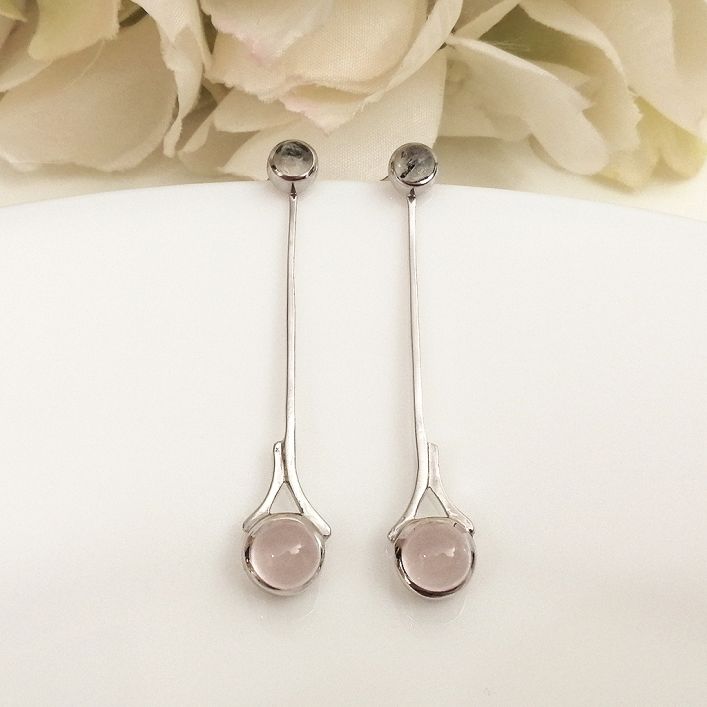 Pensile Earrings- Rose Quartz & Black Rutile
