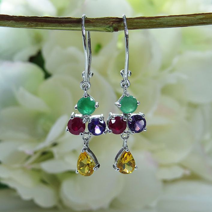 Birthstone Spring Earrings - Amethyst, Garnet, Green Onyx, Citrine