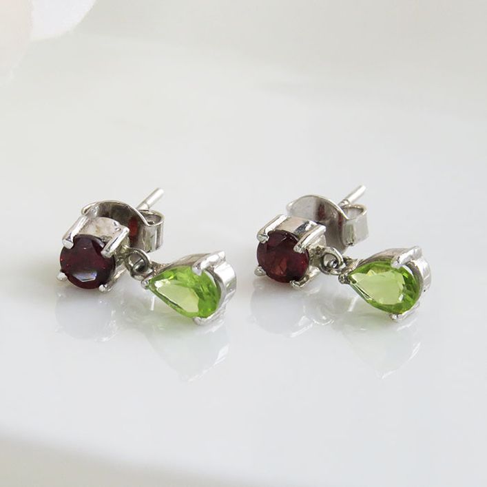 Birthstone Evergreen Earrings - Garnet, Peridot