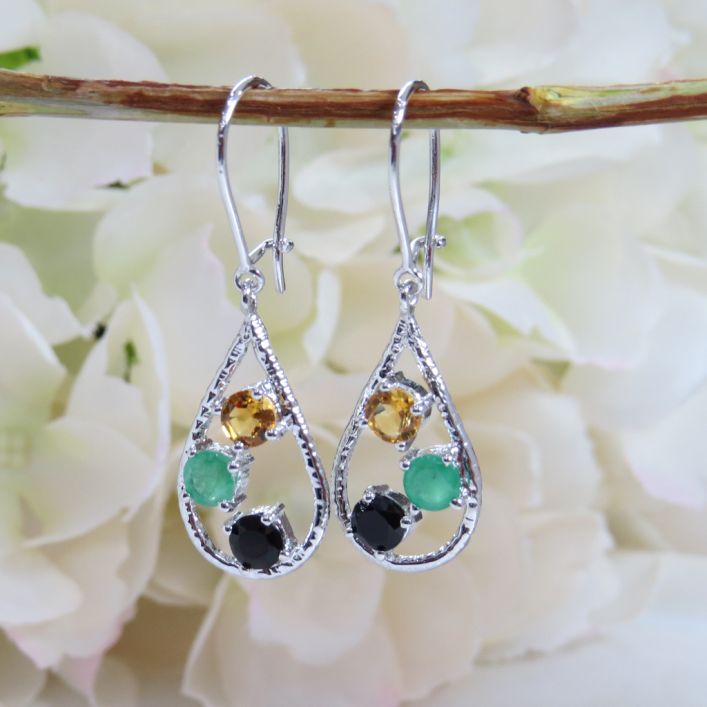 Birthstone Teardrop Earrings - Citrine, Emerald, Onyx