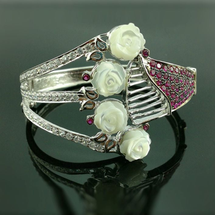 White Mother Pearl Glamorous Bracelet - Round Shape Red Ruby