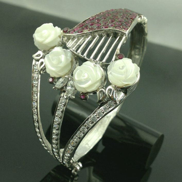 White Mother Pearl Glamorous Bracelet - Round Shape Red Ruby