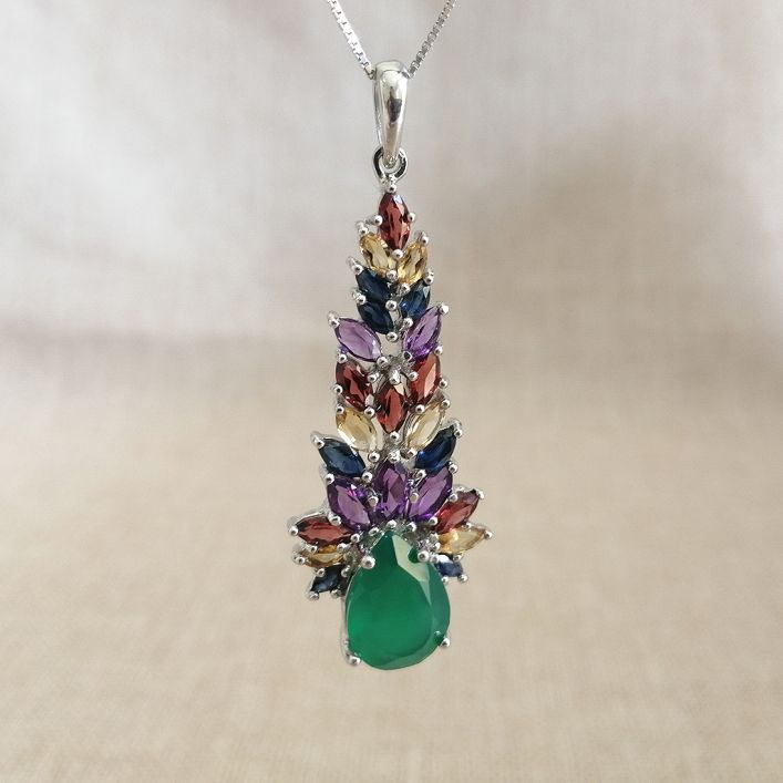 Multi Gemstone Tulip Pendant - Green Agate, Garnet, Amethyst, Citrine, Blue Sapphire