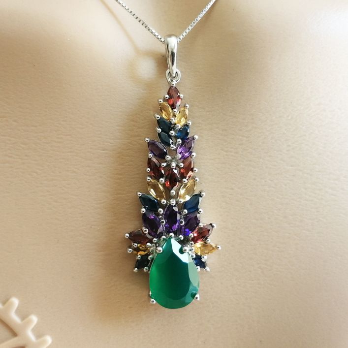 Multi Gemstone Tulip Pendant - Green Agate, Garnet, Amethyst, Citrine, Blue Sapphire