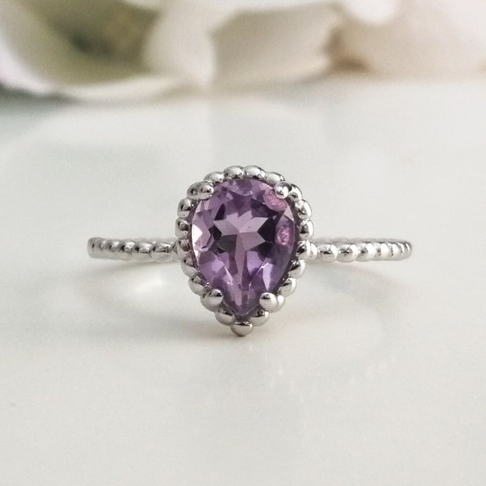 Pear Shape Amethyst Ring in 925 high-quality silver for everyday wear or as a birthstone ring for February 