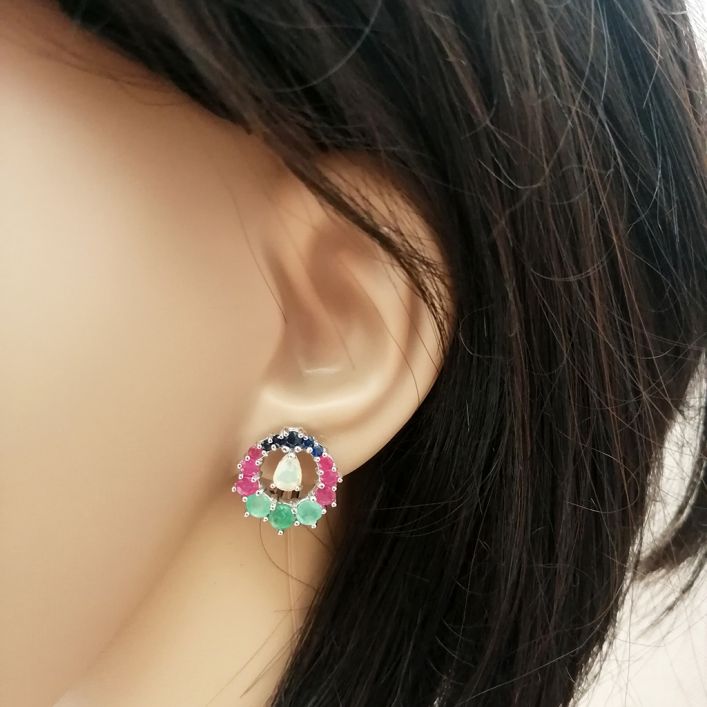 Flashy Studs - Multi Gemstone - Blue Sapphire, Ruby, Opal, Emerald Earrings