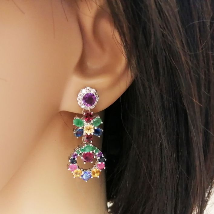 Fiesta Earrings - Multi Gemstone - Amethyst, Emerald, Sapphire