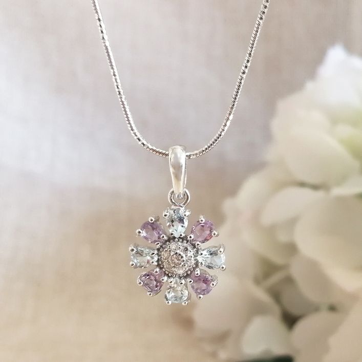 Aquamarine & Amethyst Flower Pendant