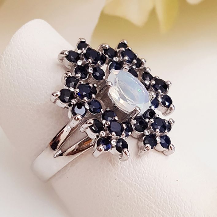 Sapphire and Opal Sun Flower Ring