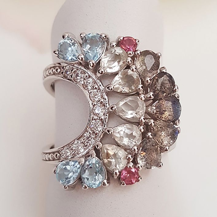 Crescent Ring - Aqua Marine, Pink Tourmaline & Blue Topaz with Labradorite
