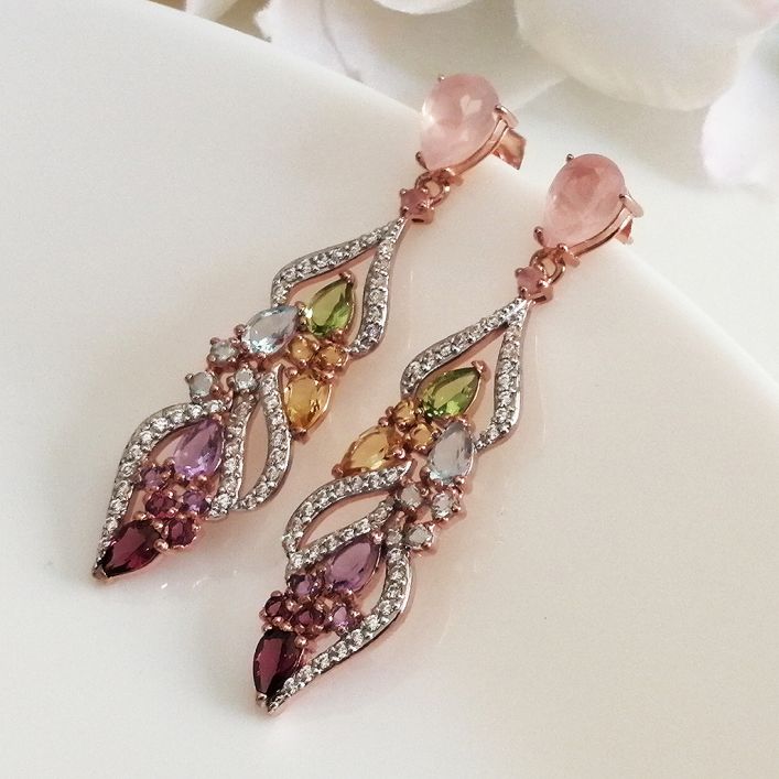 Plume Earrings - Peridot,Citrine,Aqua Marine,Rhodilite,Rose Quartz & Garnet