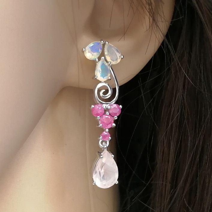 Chandelier Earrings - Opal, Ruby, Rose Quartz