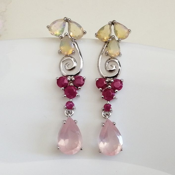 Chandelier Earrings - Opal, Ruby, Rose Quartz