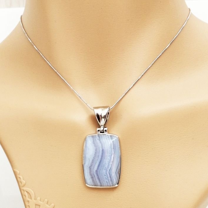 Blue Lace Agate Pendant in high quality silver ready available at Nafisa Designs
