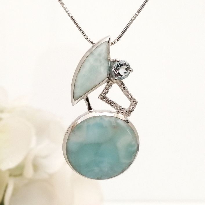 Pacific Pendant - Larimar & Aquamarine in high quality silver ready available at Nafisa Designs, Manchester UK. Free Global Shipping!
For Inquiries Call or WhatsApp: +447878581702 OR +96567725075