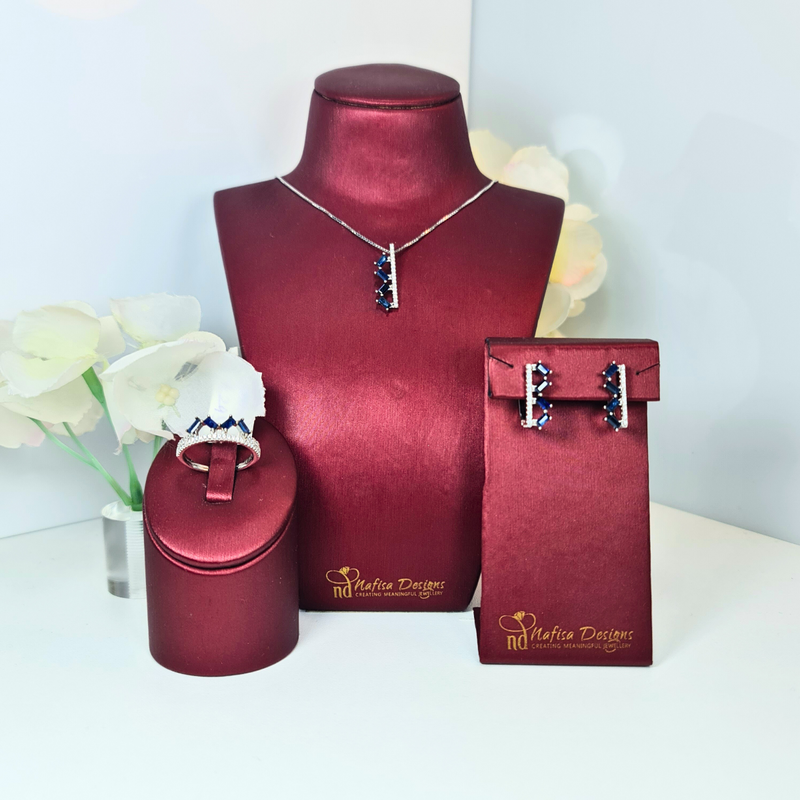 Blue Sapphire Set Woman 925 Silver Birthstone Birth Gem September Birthstone Earrings Necklace Ring Manchester UK Jewellery Party Wear Wedding Jewellery Authentic Birthstones