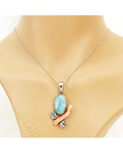 Riverine Pendant - Larimar, Coral & Topaz in high quality silver ready available at Nafisa Designs, Manchester UK. Free Global Shipping!
For Inquiries Call or WhatsApp: +447878581702 OR +96567725075