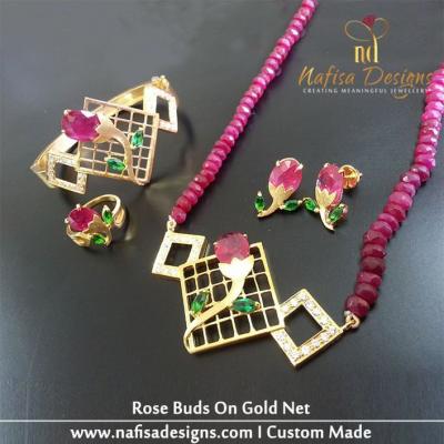 Rose Buds On Gold Net